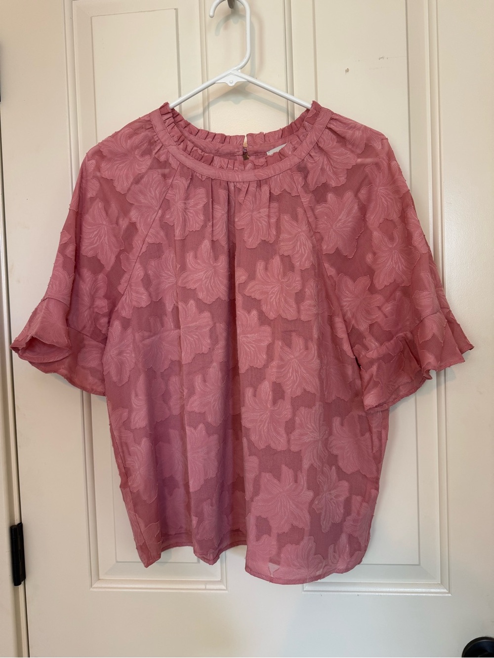 LOFT Rose Pink Floral Jacquard Flutter-Sleeve Blouse